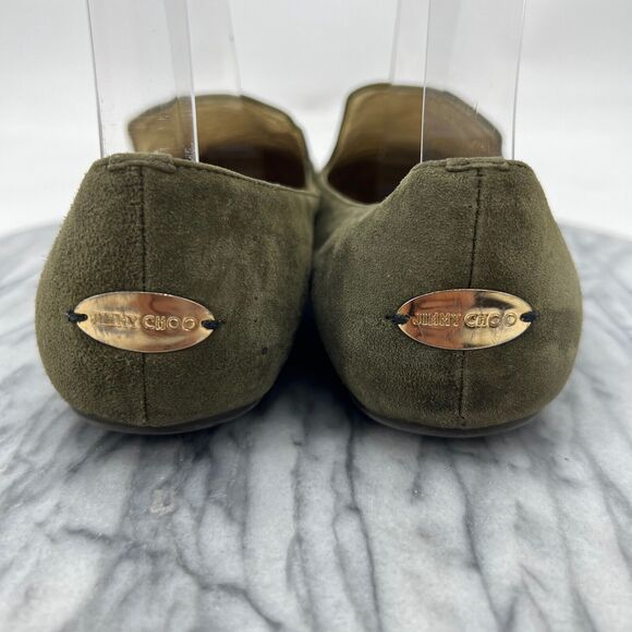 Jimmy Choo Womens 38 Loafer Moss Green Suede Slip On Patent Leather Cap Toe - Picture 5 of 14
